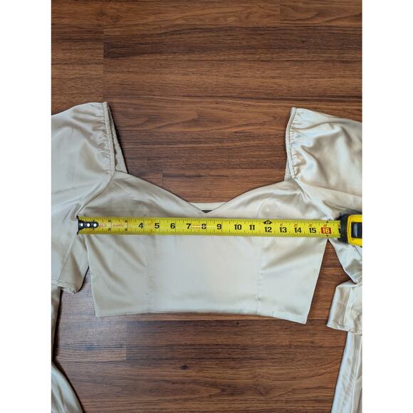 Blue Blush Satin Tiered Bell Sleeve Cropped Top- Size Medium - Picture 6 of 10